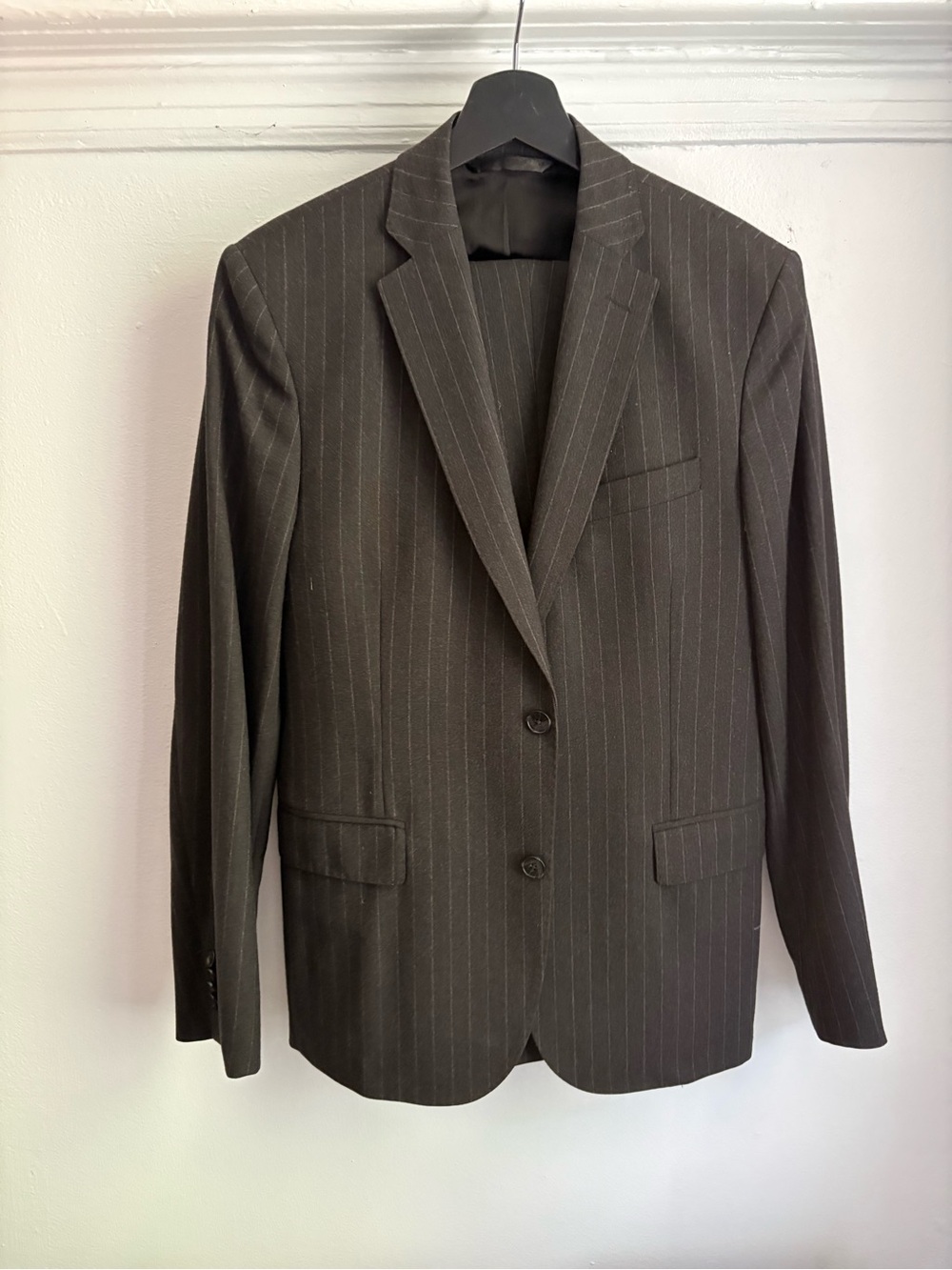 Men's Black Pinstripe Two-Button Suit Jacket